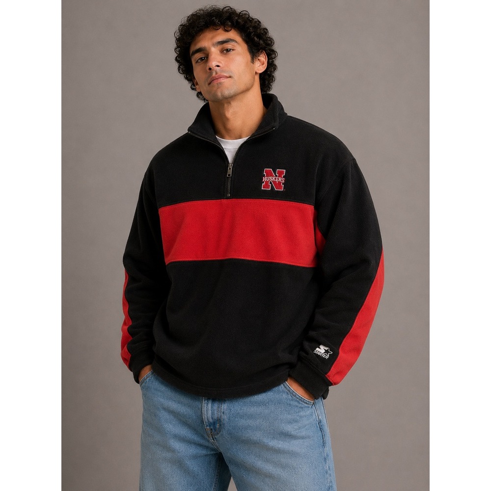 Vintage Starter Nebraska Huskers Quarter Zip‎ Fleece Pullover Black Red Mens XL